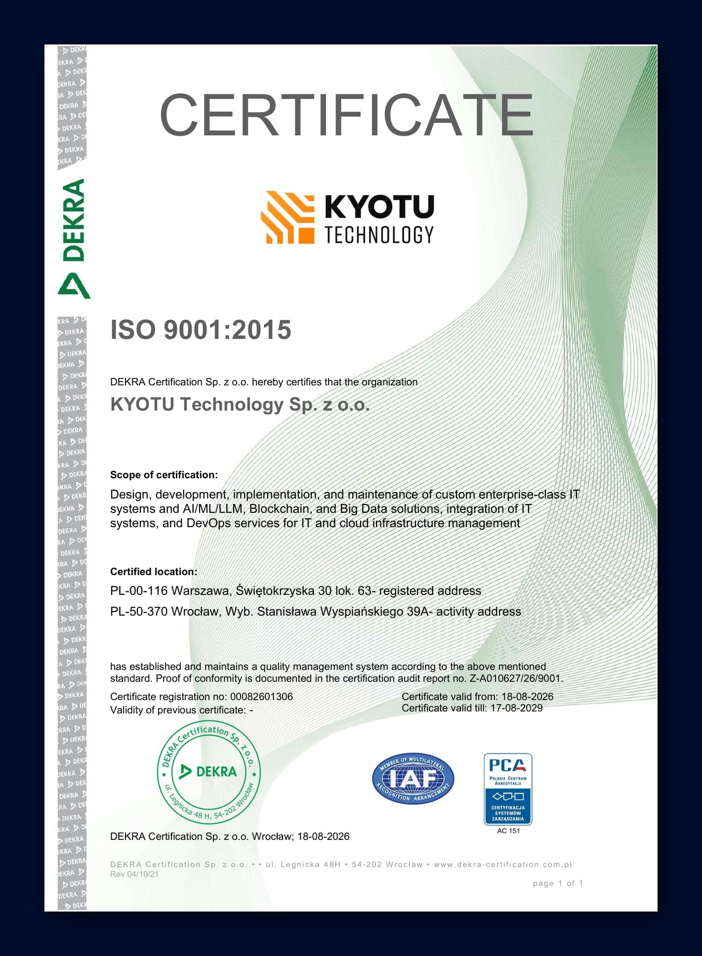 ISO 9001:2015 certificate of Kyotu Technology issued by DEKRA Certification, registration number 00082601306, valid from 18 August 2026 to 17 August 2029.